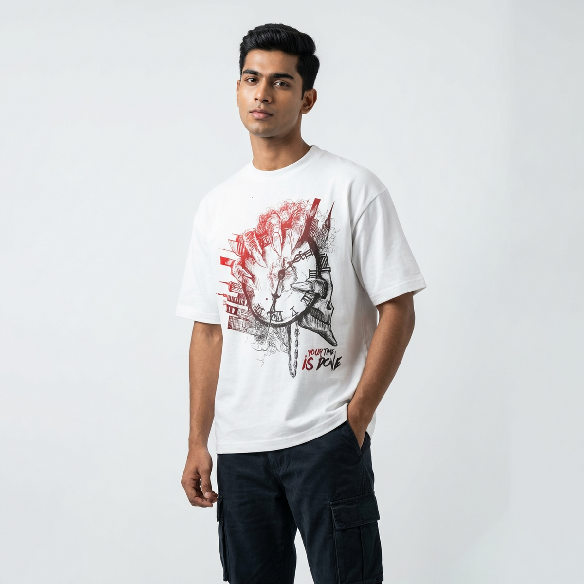 Your Time Is Doneoversized cotton t-shirt for men and women by BOMBAE STORE