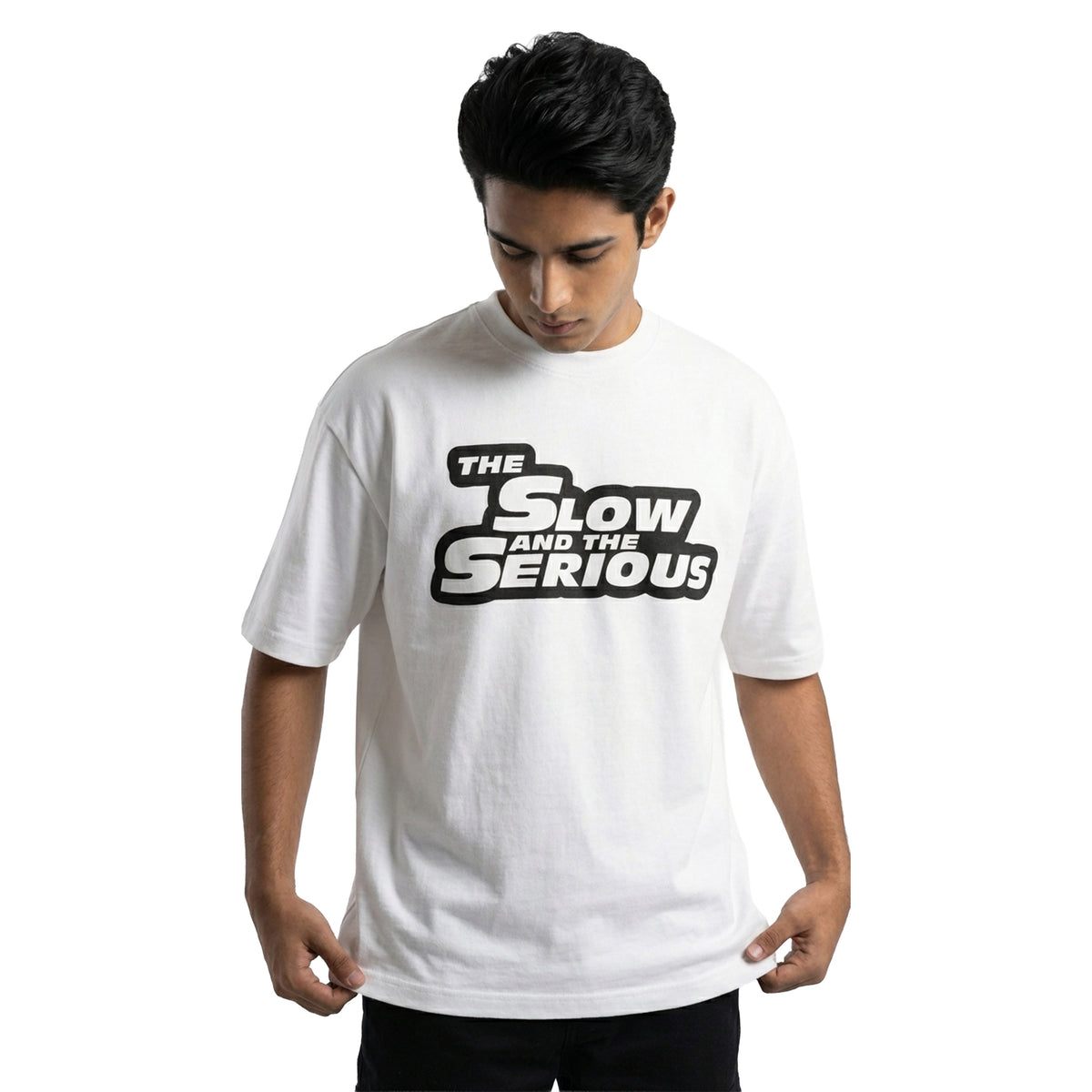 The Slow and the Seriousoversized cotton t-shirt for men and women by BOMBAE STORE