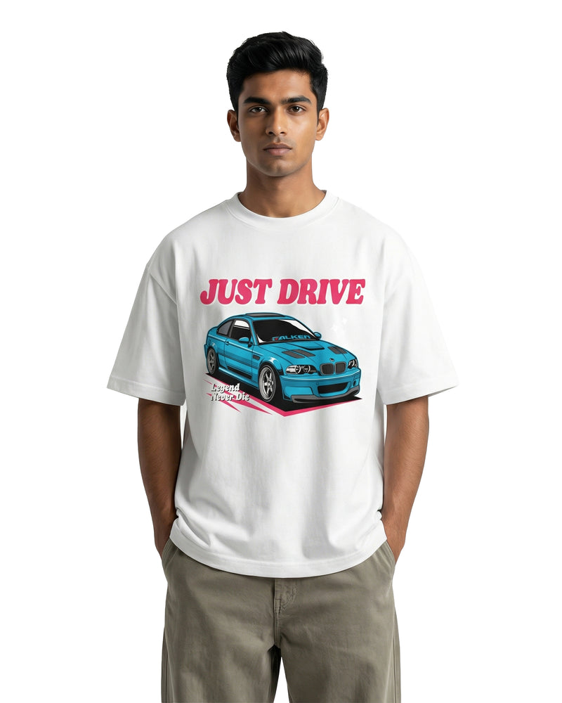 Just Drive M3oversized cotton t-shirt for men and women by BOMBAE STORE