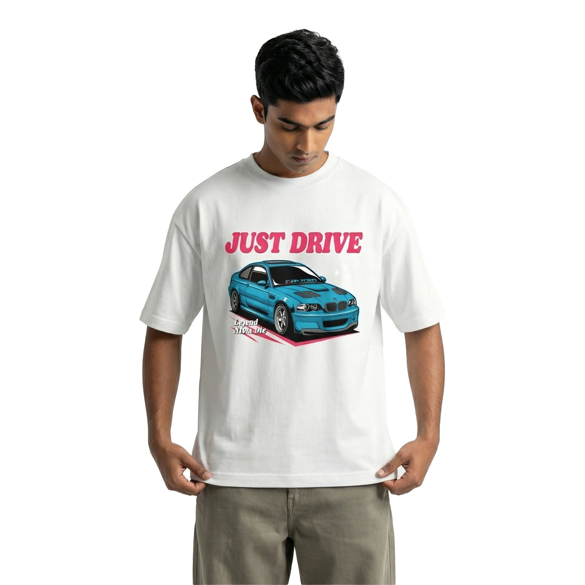 Just Drive M3oversized cotton t-shirt for men and women by BOMBAE STORE