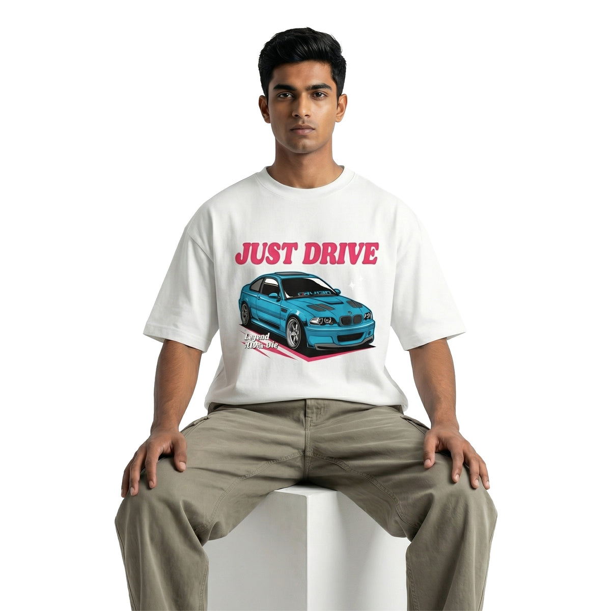 Just Drive M3oversized cotton t-shirt for men and women by BOMBAE STORE